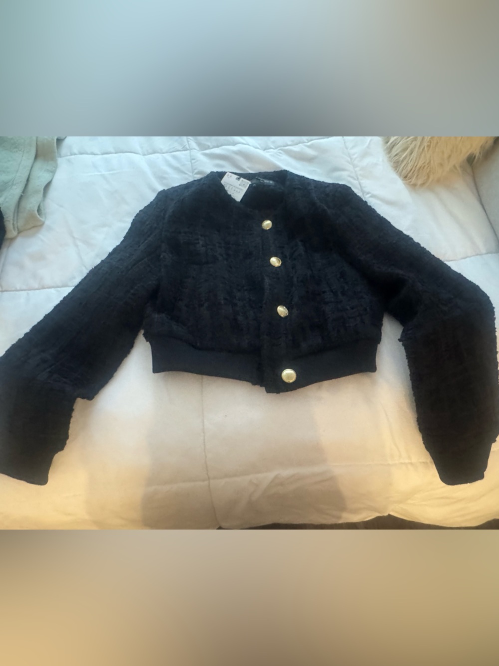 Zara Black Cropped Textured Jacket with Gold Buttons